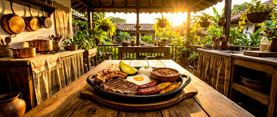 Traditional colombian bandeja paisa platter with beans rice pork belly and avocado on wooden table outdoors