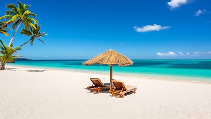 tropical beach with palm trees and sun loungers under a straw umbrella by turquoise sea