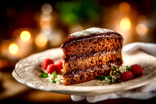 Waiter holding slice of chocolate sacher cake with raspberries on elegant plate.