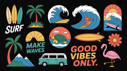 Surfing and Beach Life Stickers with Good Vibes Only Theme