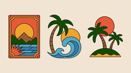 Tropical Vacation Icons Set with Palm Trees, Waves, and Sunset
