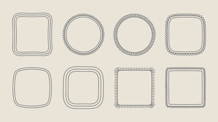 Set of 8 blank decorative frames with various line art designs and shapes for photo or text placement