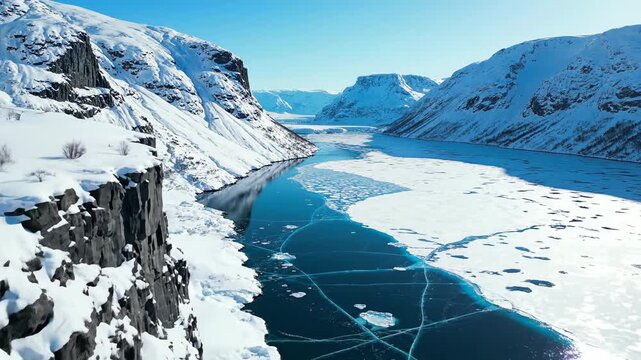 Aerial view of a frozen river flowing through a snowy mountain landscape with ice floes and rugged terrain under a clear blue sky.