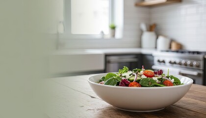 A close-up of a bowl of fresh green salad on a wooden table in a modern kitchen interior. Concepts of healthy eating, healthy lifestyle, home cooking and well-being, and post-holiday diet.