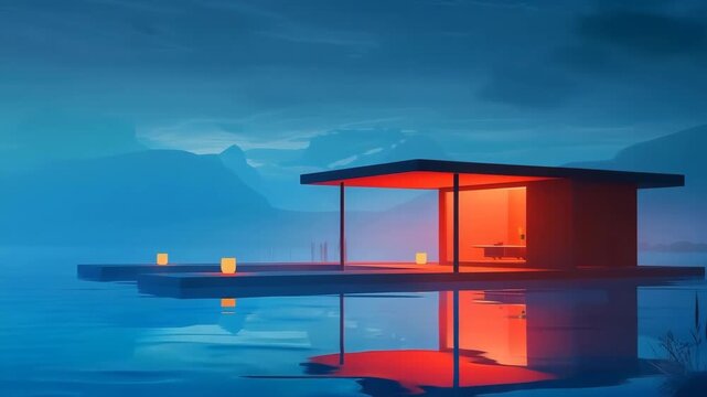 Modern Floating House Over Calm Water at Dusk