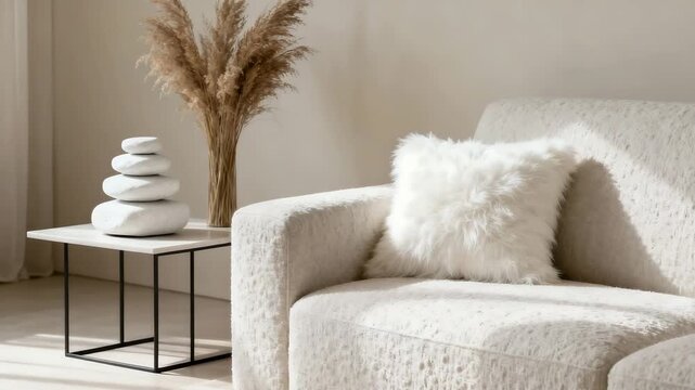 Minimalist living room with plush white sofa, stacked stones, and pampas grass. Neutral tones, soft textures, and clean lines create a serene, cozy interior aesthetic.