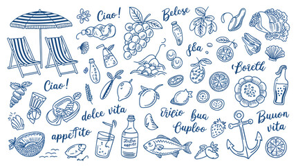 Italian Summer Vacation Icons, Food, Drinks, and Beach Elements © Roxxxxxxxxx