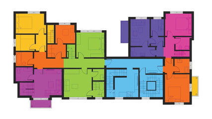 Colorful apartment building floor plan with multiple units and interior layouts © Md Anisur Rahman 