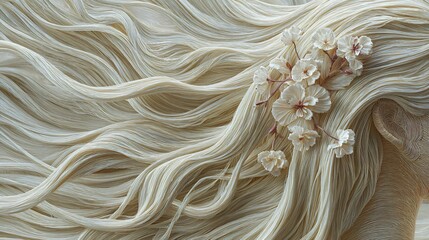 Portrait detail long, white hair adorned with delicate, floral accessories