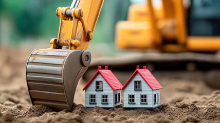 Miniature houses and an excavator in the sand. Concept of construction, demolition, and risks in the real estate market.