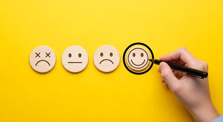 Hand selecting the best customer satisfaction rating from four wooden emoji faces on yellow background