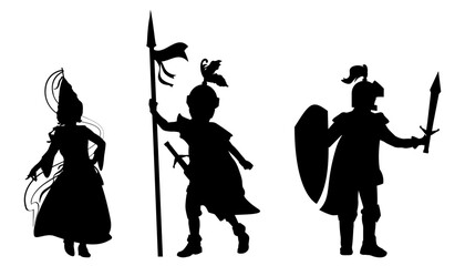 Children silhouettes in medieval knight's costumes. Vector illustration	
