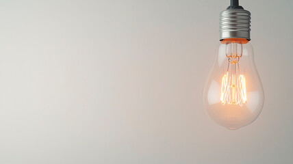 Minimalist Edison bulb with a warm glow against a light background. Concept of idea, inspiration, creativity, and innovation with copy space.