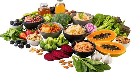 Healthy food arrangement with fruits and vegetables