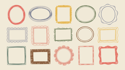 Hand-drawn picture frames in various colors and shapes on a beige background for photo or text placement.