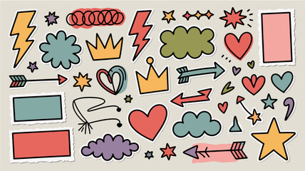 Colorful cartoon sticker set with hearts, stars, arrows, and more
