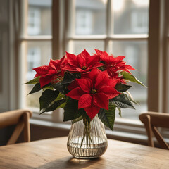 Red poinsettia leaves in glass vase on the table for happy winter wishes