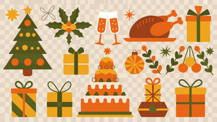 Christmas and Thanksgiving icons, festive symbols for holiday celebrations and decorations