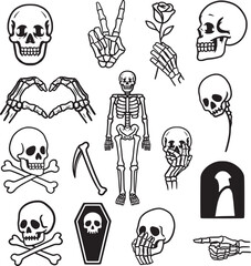 Vector illustration set of skeletons and skulls in hand-drawn line art style for tattoo designs.