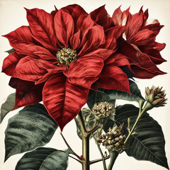  Euphorbia pulcherrima or Christmas flower with the characteristic red leaves, botanical image vintage style