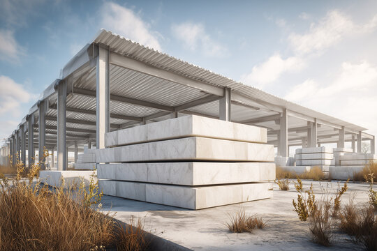 Zona industrial con losas de hormig&oacute;n apiladas bajo estructura met&aacute;lica abierta, ideal para almacenamiento de materiales de construcci&oacute;n. Espacio pavimentado con vegetaci&oacute;n seca . Canter&iacute;a industrial
