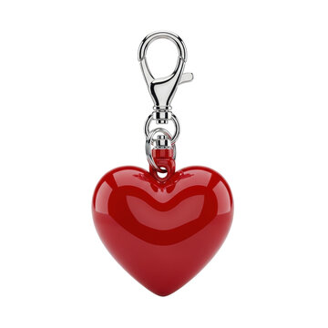 a perfect, high-gloss cherry red heart keychain charm with bright silver swivel clasp and keyring, isolated on a transparent background. macro close-up, soft studio light. concept of luxury