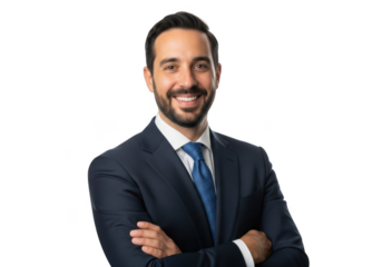 Smiling businessman with arms crossed isolated on transparent background