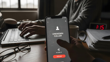 Unknown Caller Warning: Scam call, phone security, call warning, fraud prevention, phone scam, telemarketing fraud, spam protection, call blocking, scam alert, phishing call, caller ID, spam detection