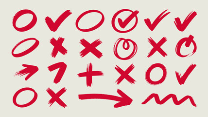 Handwritten Red Symbols and Checkmarks Collection