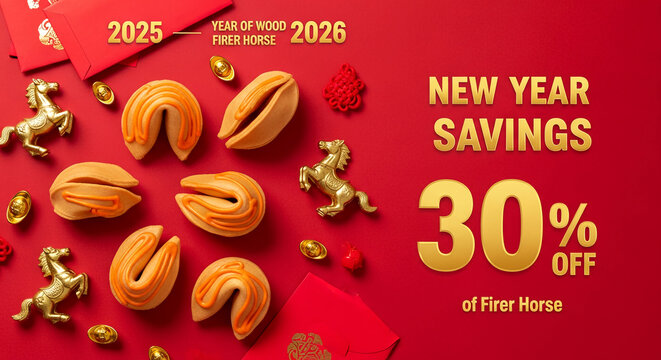 Red background with golden decoration, cookie, envelopes. Year of Wood Firer Horse 2026. Showcase of New Year savings, promoting discount offer