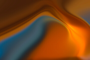 Abstract orange and blue liquid flow background. Smooth metallic gradient texture with curved waves representing fluid motion.