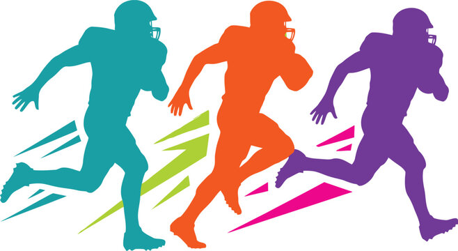 Stylized Football Player Silhouettes &ndash; Teal, Orange, and Purple Runners with Speed Lines for Sports Graphics