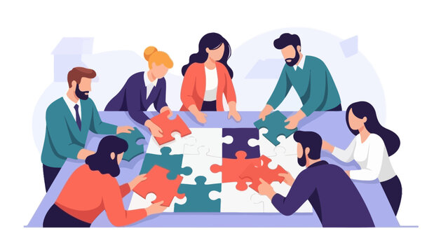 collaborative team assembling a large jigsaw puzzle in a professional office setting