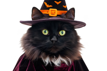 Fluffy black cat wearing a witch hat and cape isolated on transparent background