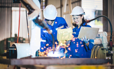 Engineers team mechanic using computer controller Robotic arm for welding steel in steel factory workshop. Industry robot programming software for automated manufacturing technology