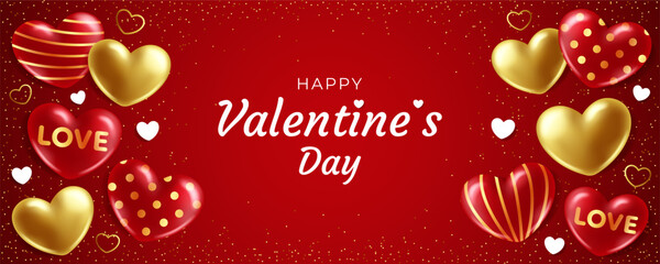 Red and gold 3D hearts on a red background with sparkles and glitter. Happy Valentine's Day. Horizontal banner with text in the center. Vector illustration.