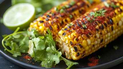 Grilled corn on the cob with a sprinkle of chili powder, lime, and a side of mixed greens. --ar 16:9 --v 6.1 Job ID: ebae68fa-a15d-4e9e-8cfc-c1c2170420cd