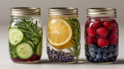 Three mason jars filled with infused water, showcasing fruits, herbs, and vibrant colors