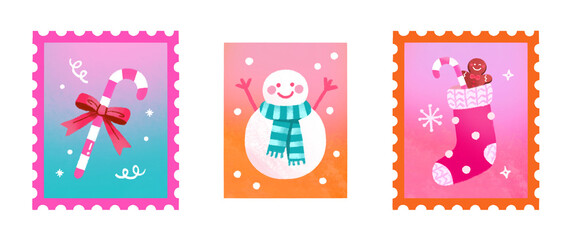 Obraz premium Cute Christmas postage stamp with socks gingerbread man and candy cane illustration