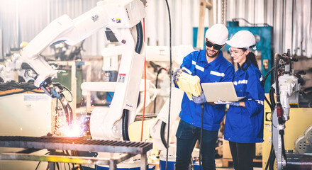 Engineers team mechanic using computer controller Robotic arm for welding steel in steel factory workshop. Industry robot programming software for automated manufacturing technology