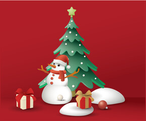 3D cute snowman, decorated Christmas tree, snowdrift and circle frame paper cut style with red background graphic illustration have blank space.