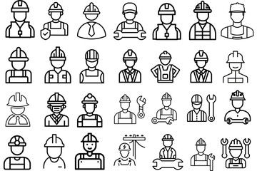 Construction Worker Line Icons Set, Engineer and Technician Avatar Vector Illustration
