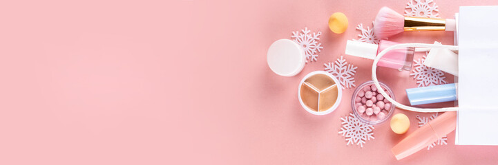 Winter makeup cosmetics, natural minimal make up set. Various makeup cosmetics - shadows, lipstick,...