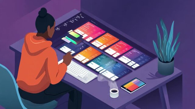 Medium shot featuring a user selecting vibrant color themes and layout options to tailor their search homepage widgets with a modern dynamic design.
