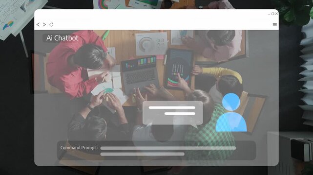 A diverse team collaborates in a modern workspace, engaging with an Ai chatbot interface. This image captures the essence of innovation and teamwork in technology. Raster
