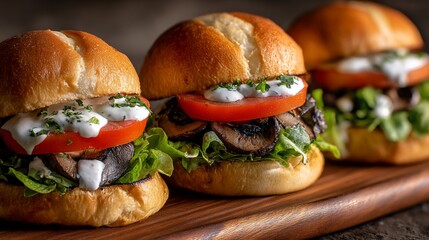 Three mushroom & tomato sandwiches on a wood board, drizzled with sauce