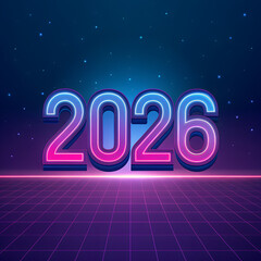 3D neon illustration of New Year celebration numbers and symbols
