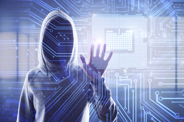 Anonymous hooded hacker raising hand with digital circuit interface representing cybersecurity threat, data breach risk, network vulnerability, and advanced cyber attack concept