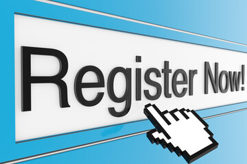 Register now button with cursor click icon representing online signup, user registration, digital marketing call to action, and web application interface concept