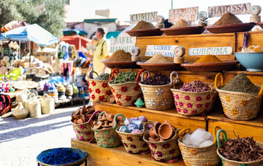 souvenirs and spices on the Jamaa el Fna market in old Medina, Marrakesh, Morocco